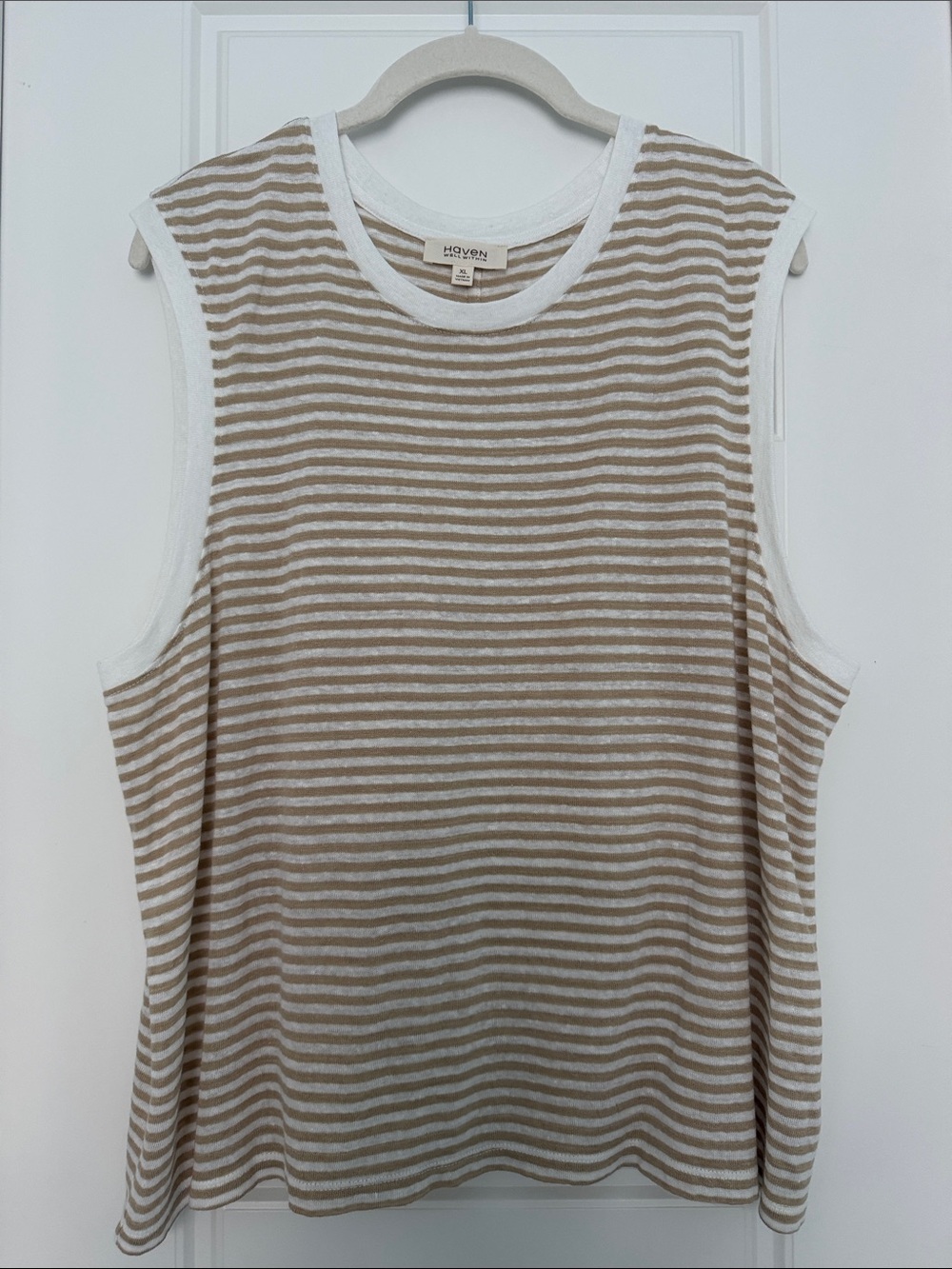 HAVEN Well Within Neutral Beige & White Striped Linen Knit Tank XL EUC